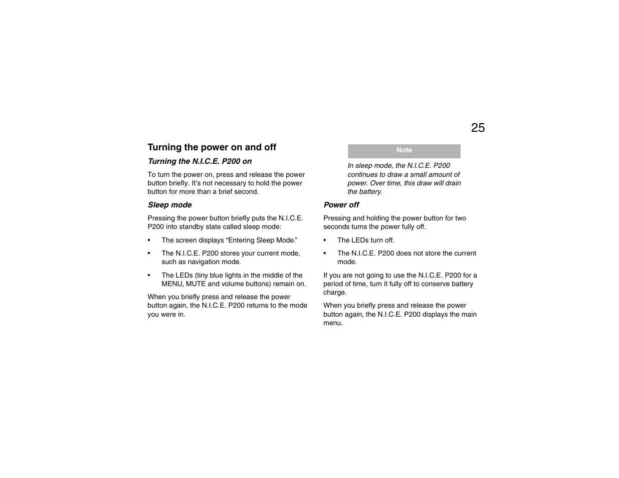 Turning the power on and off, Turning the n.i.c.e. p200 on, Sleep mode | Power off, Sleep mode power off | Clarion P200 User Manual | Page 25 / 156