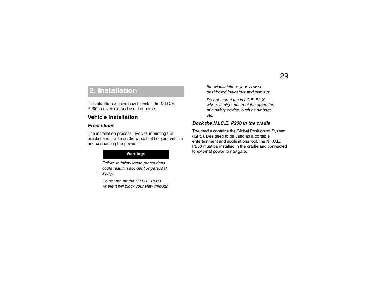 Installation, Vehicle installation, Precautions | Dock the n.i.c.e. p200 in the cradle, Precautions dock the n.i.c.e. p200 in the cradle | Clarion P200 User Manual | Page 29 / 156