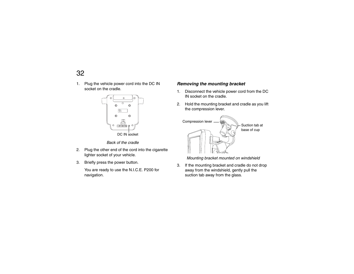 Removing the mounting bracket, Chapter 2: installation, Dc in | Clarion P200 User Manual | Page 32 / 156