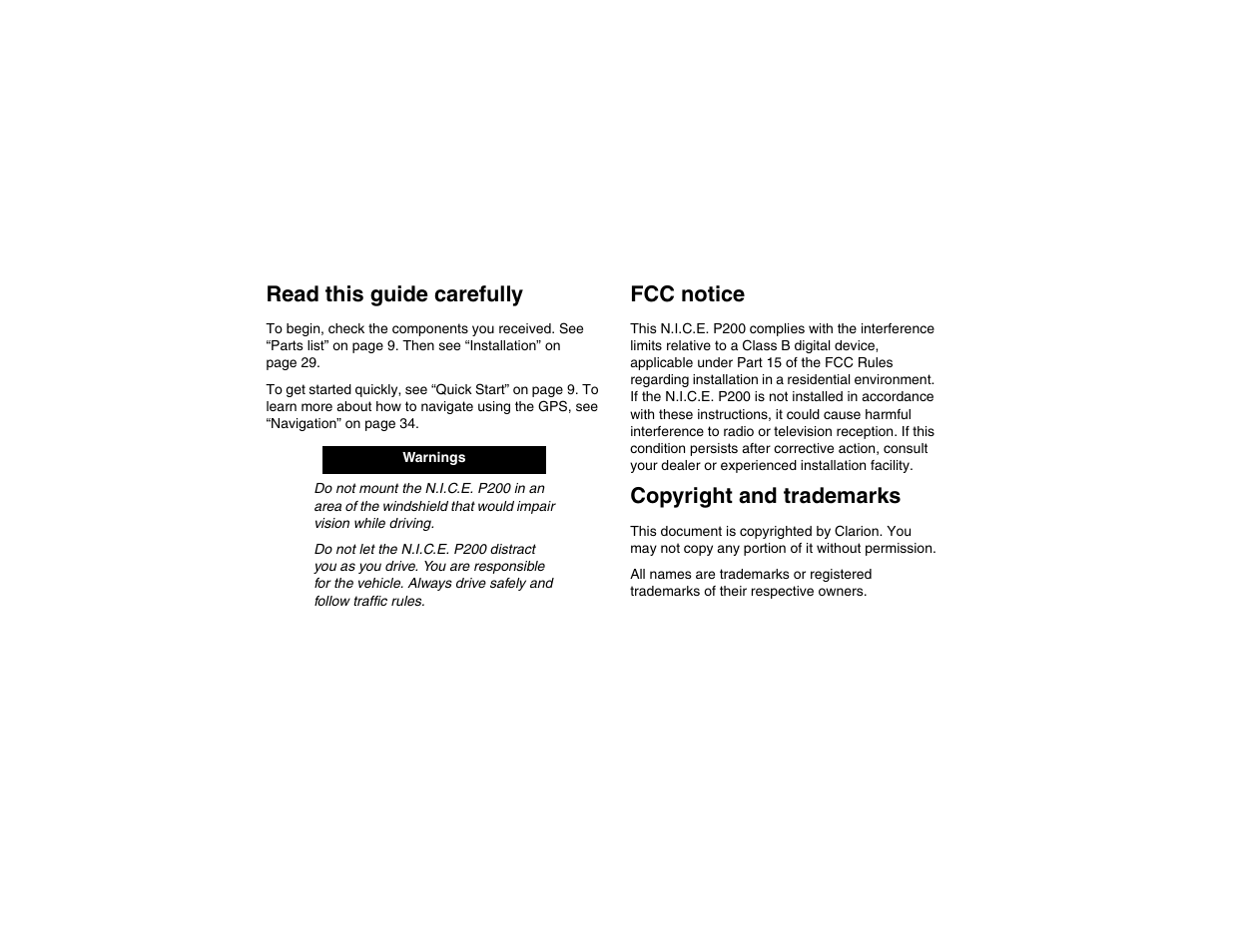 Read this guide carefully, Fcc notice, Copyright and trademarks | Clarion P200 User Manual | Page 4 / 156