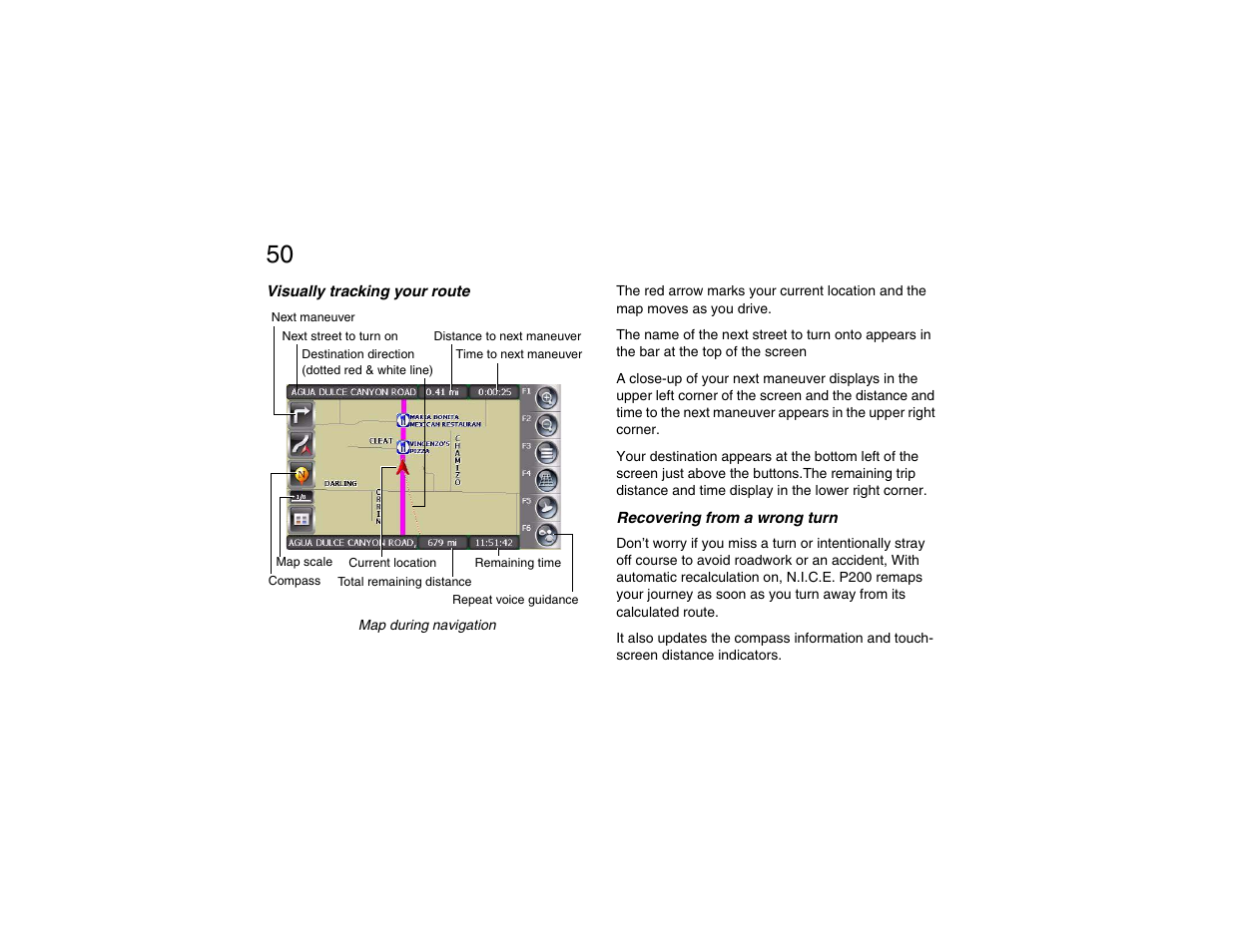 Visually tracking your route, Recovering from a wrong turn, Chapter 3: navigation | Clarion P200 User Manual | Page 50 / 156