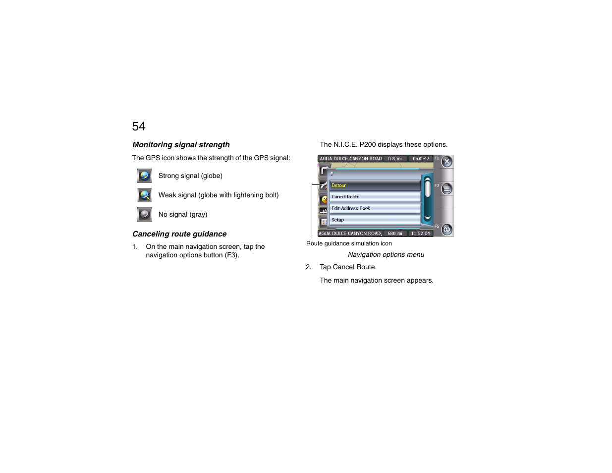 Monitoring signal strength, Canceling route guidance | Clarion P200 User Manual | Page 54 / 156