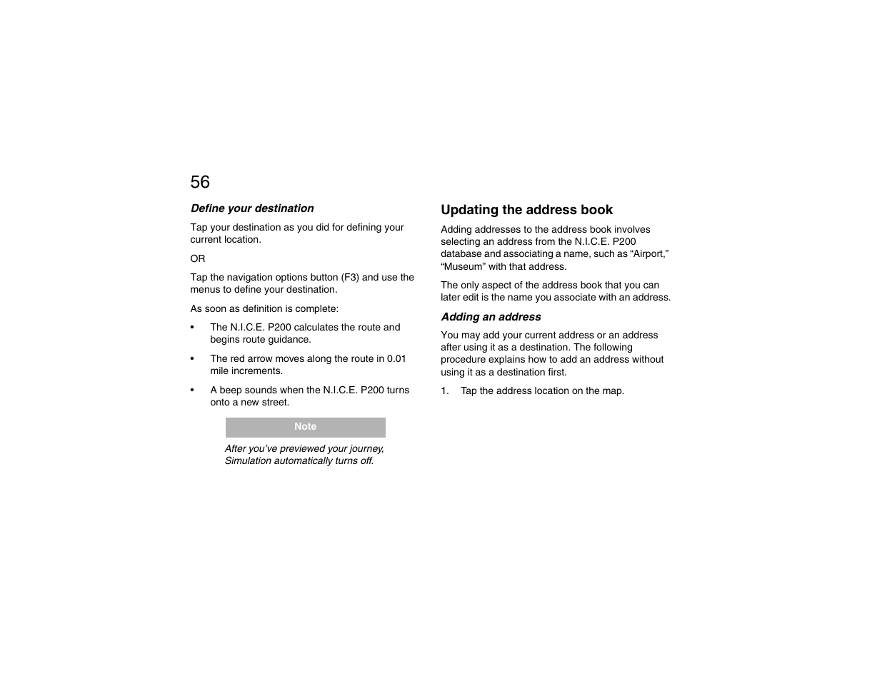 Define your destination, Updating the address book, Adding an address | Clarion P200 User Manual | Page 56 / 156