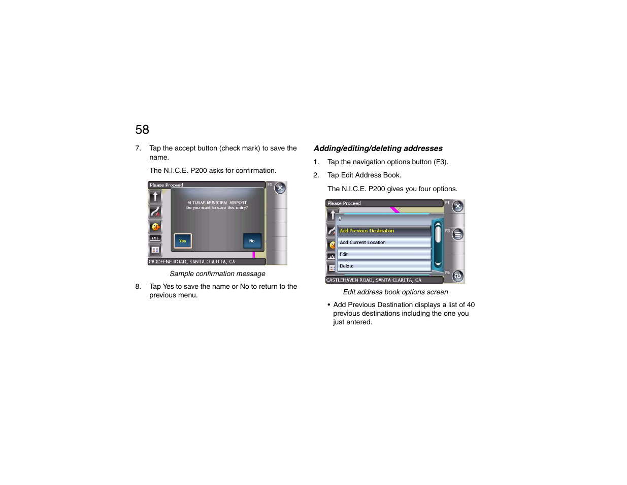 Adding/editing/deleting addresses | Clarion P200 User Manual | Page 58 / 156