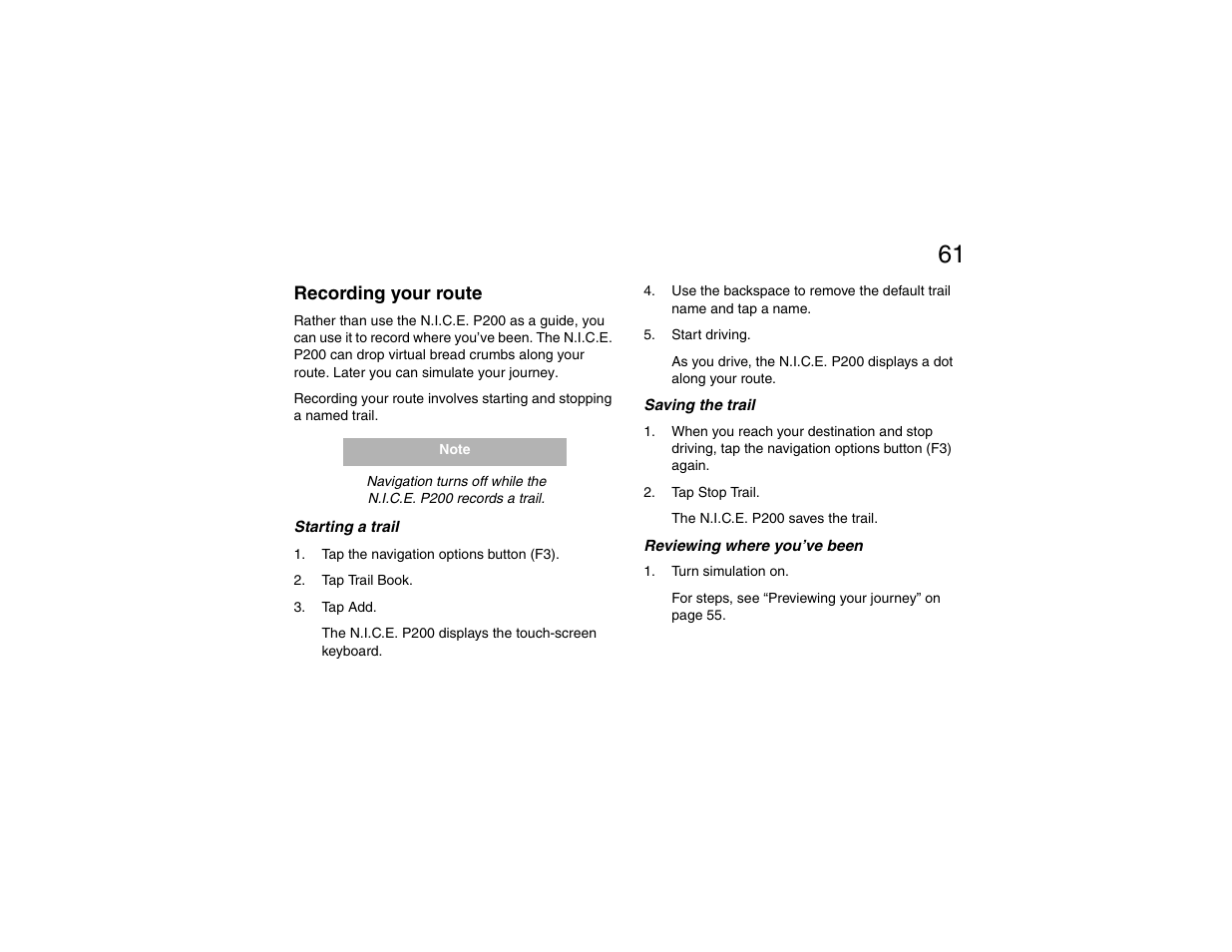 Recording your route, Starting a trail, Saving the trail | Reviewing where you’ve been, Saving the trail reviewing where you’ve been | Clarion P200 User Manual | Page 61 / 156