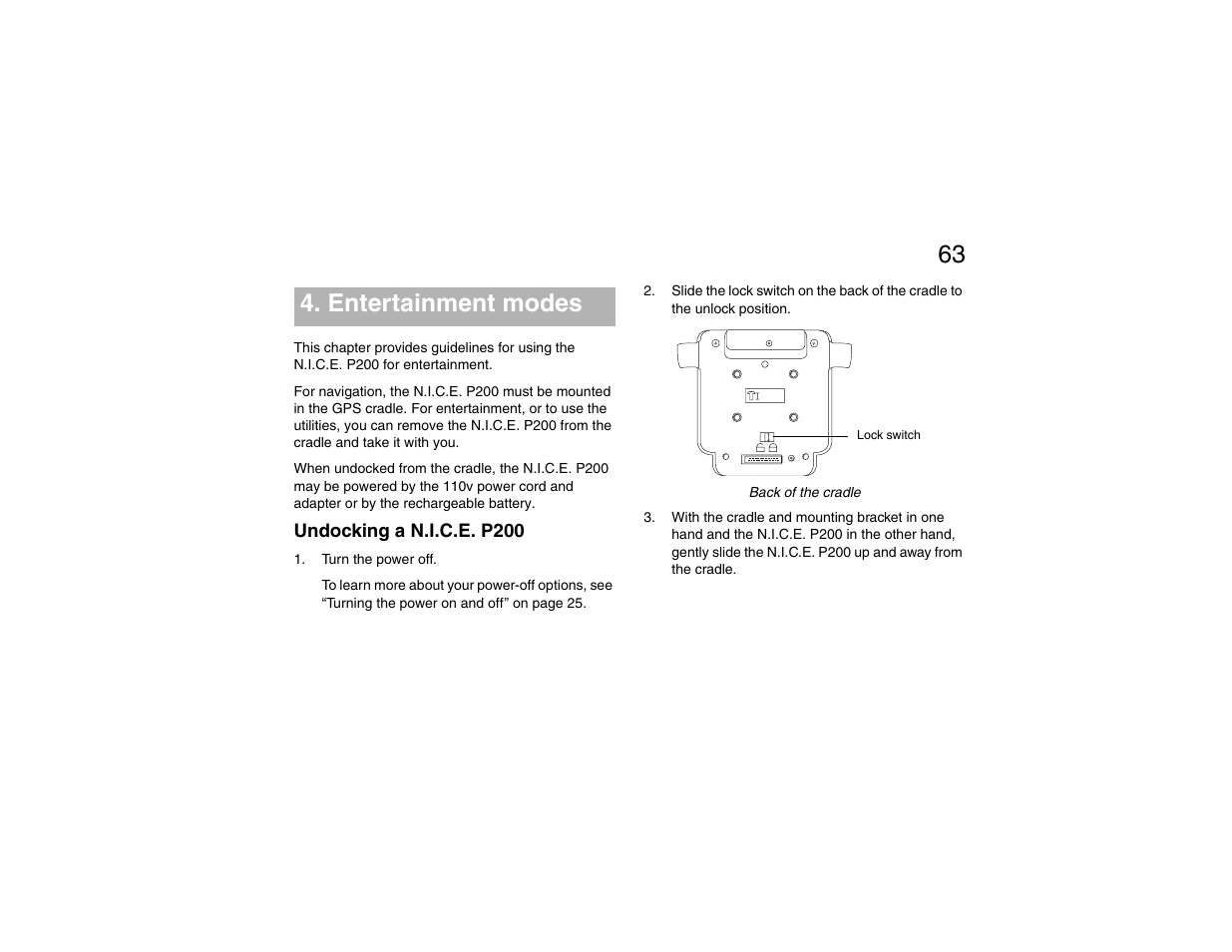Entertainment modes, Undocking a n.i.c.e. p200 | Clarion P200 User Manual | Page 63 / 156