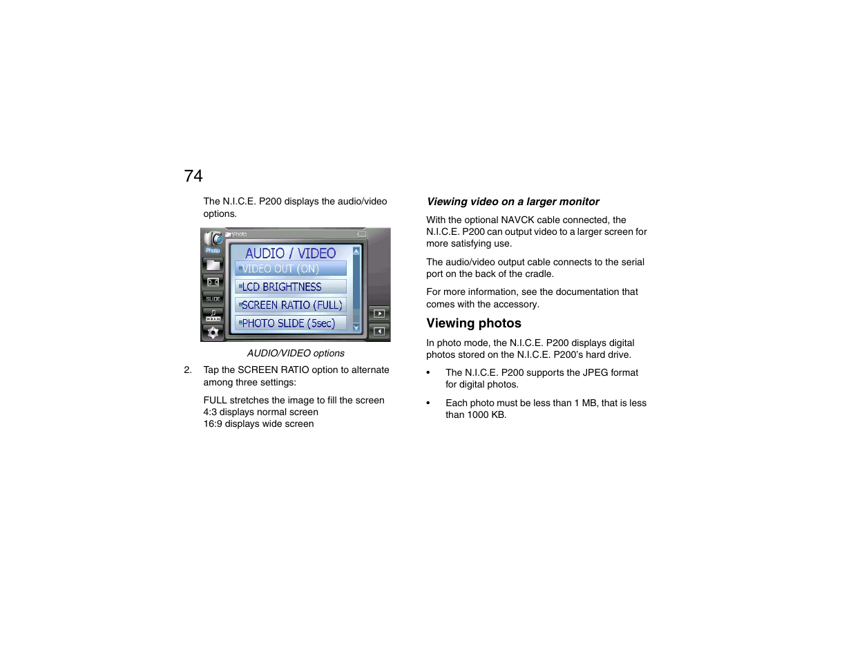 Viewing video on a larger monitor, Viewing photos | Clarion P200 User Manual | Page 74 / 156
