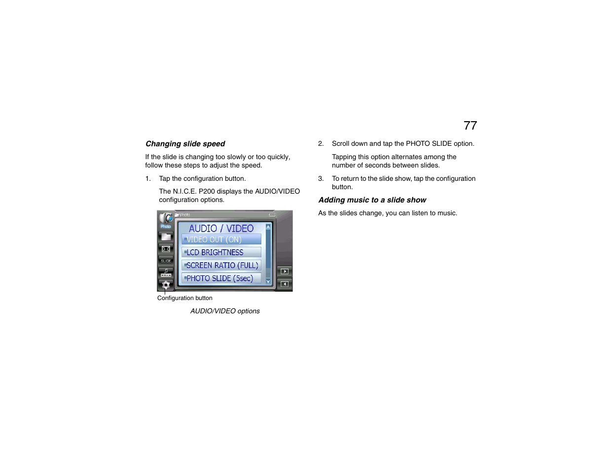 Changing slide speed, Adding music to a slide show, Changing slide speed adding music to a slide show | Clarion P200 User Manual | Page 77 / 156