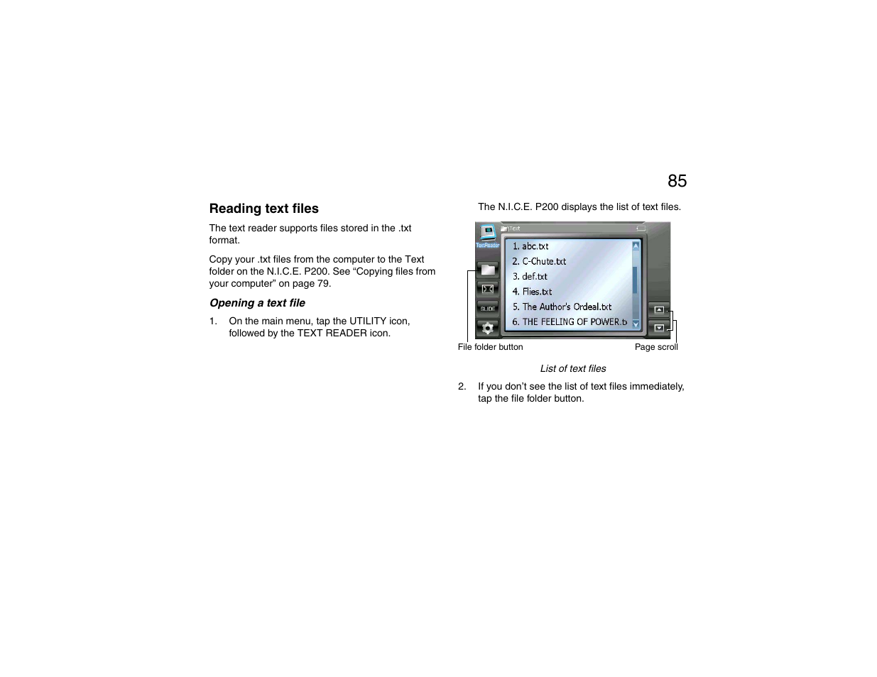 Reading text files, Opening a text file | Clarion P200 User Manual | Page 85 / 156