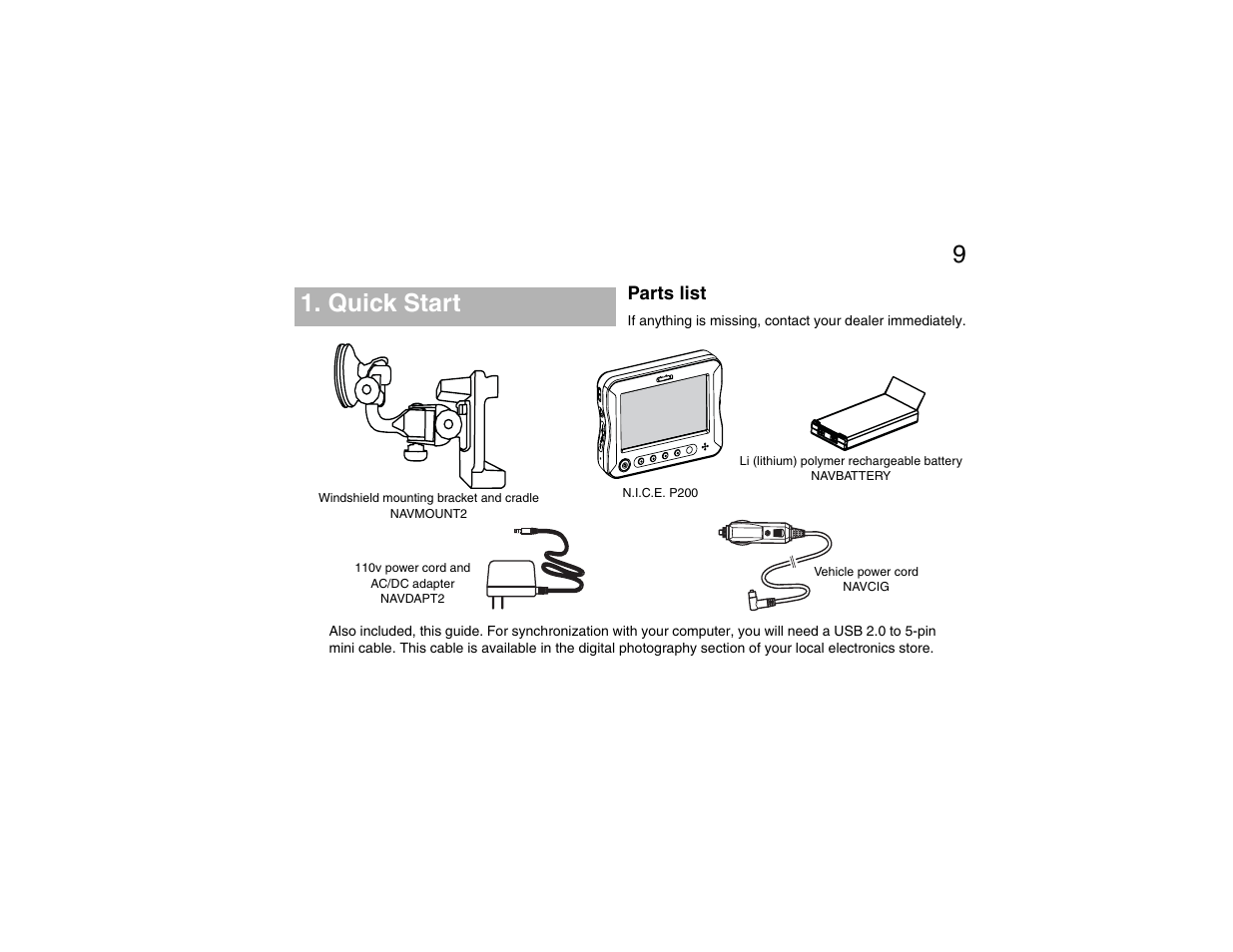 Quick start, Parts list, Quick start parts list | Clarion P200 User Manual | Page 9 / 156