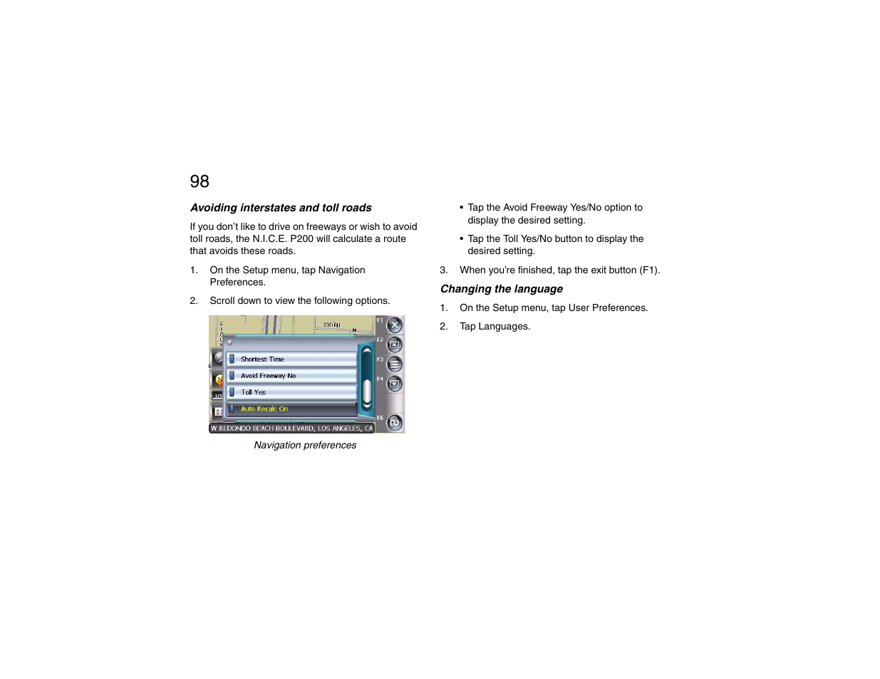 Avoiding interstates and toll roads, Changing the language | Clarion P200 User Manual | Page 98 / 156