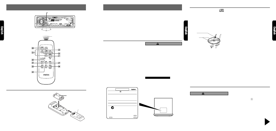 Precautions, Remote control, Handling compact discs | Flip down panel, Inserting the batteries, Remote control unit, Caution, Handling, Storage, Cleaning | Clarion DRX8575z User Manual | Page 3 / 26