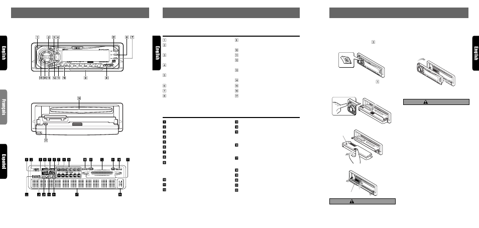 Nomenclature, Controls / les commandes / controles, Names of buttons | Display items, Caution, Source unit / appareil pilote / unidad fuente, Attaching the dcp, Removing the dcp | Clarion DRX8575z User Manual | Page 4 / 26