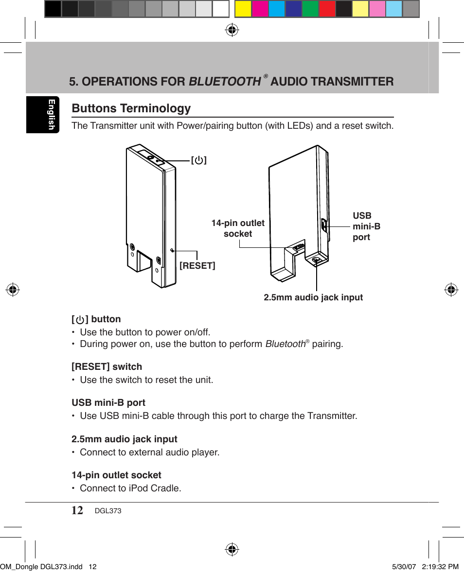Operations for bluetooth, Audio transmitter buttons terminology | Clarion DGL373 User Manual | Page 12 / 24
