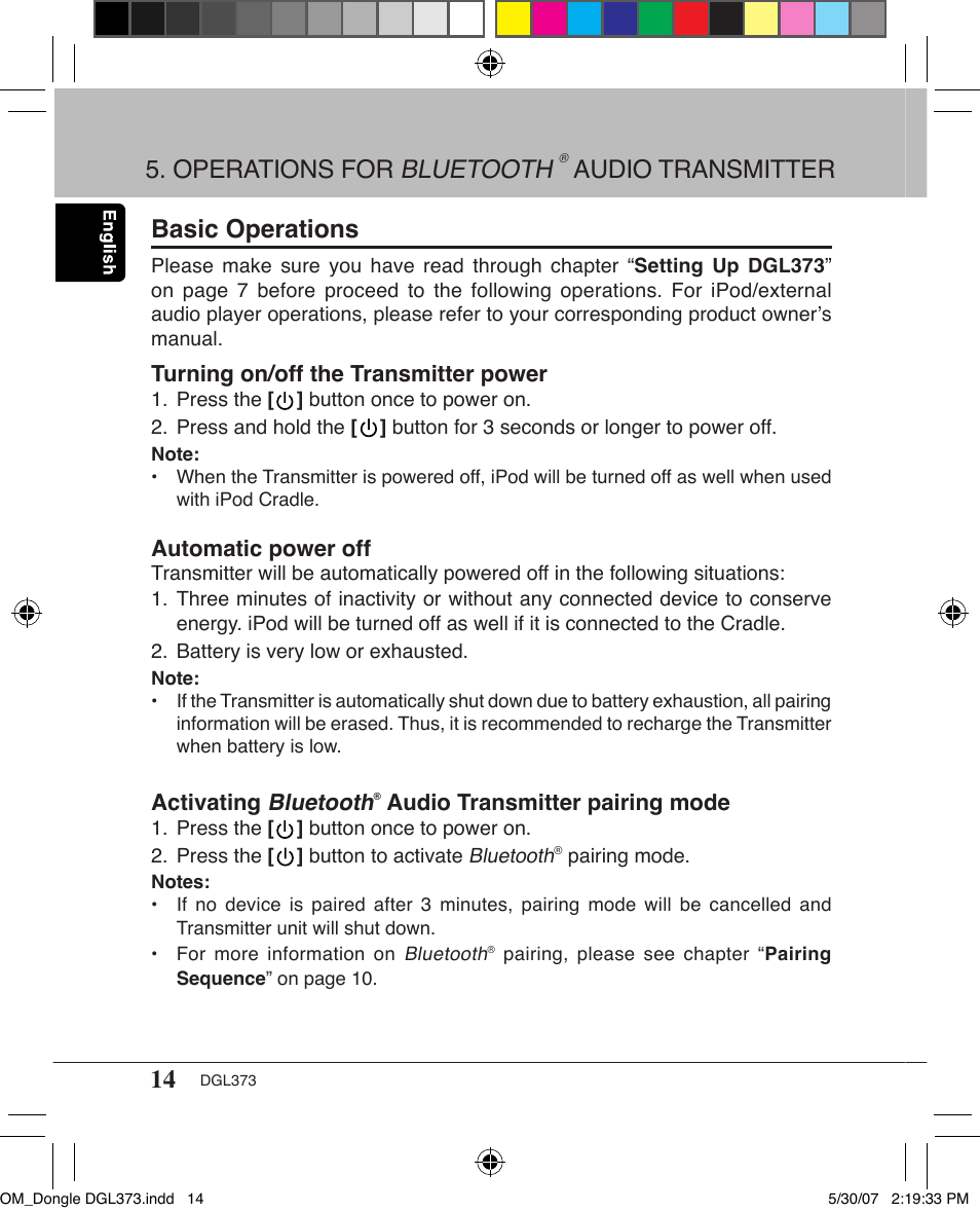 Basic operations, Operations for bluetooth, Audio transmitter | Turning on/off the transmitter power, Automatic power off, Activating bluetooth, Audio transmitter pairing mode | Clarion DGL373 User Manual | Page 14 / 24