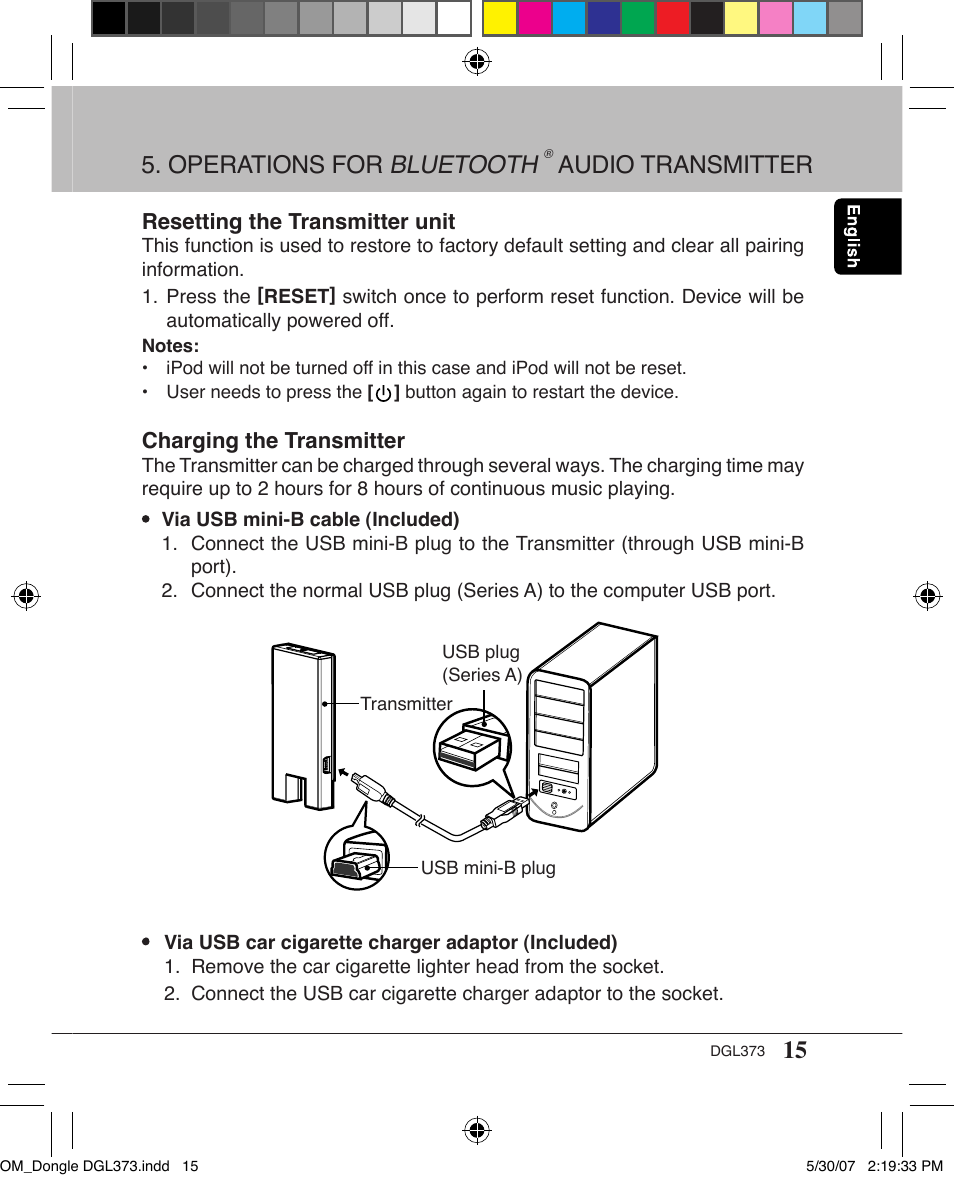 Operations for bluetooth, Audio transmitter | Clarion DGL373 User Manual | Page 15 / 24