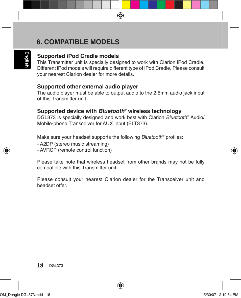 Compatible models | Clarion DGL373 User Manual | Page 18 / 24