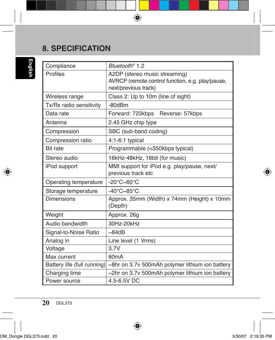 Specification | Clarion DGL373 User Manual | Page 20 / 24