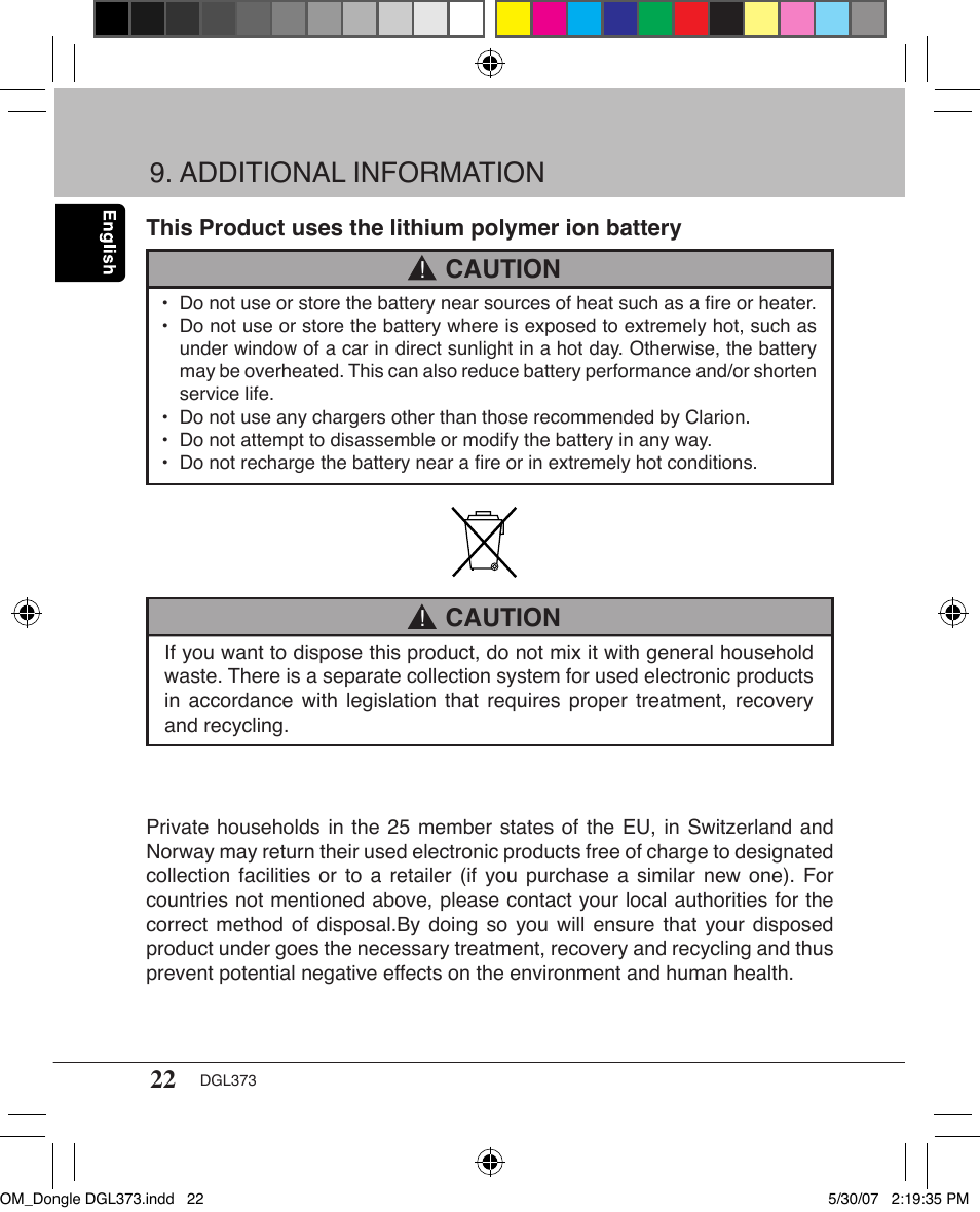 Additional information, Caution | Clarion DGL373 User Manual | Page 22 / 24