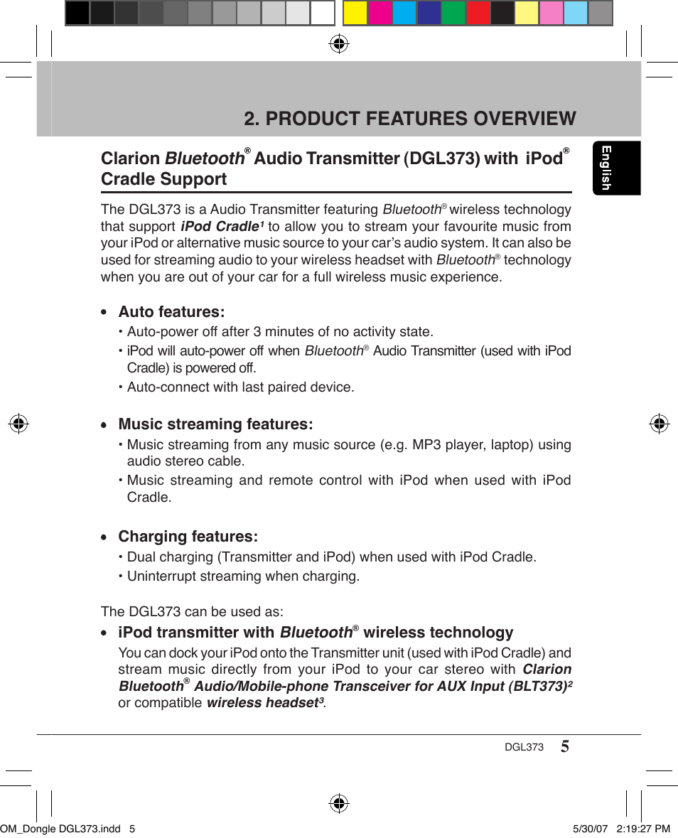 Product features overview, Clarion bluetooth, Audio transmitter (dgl373) with ipod | Cradle support | Clarion DGL373 User Manual | Page 5 / 24