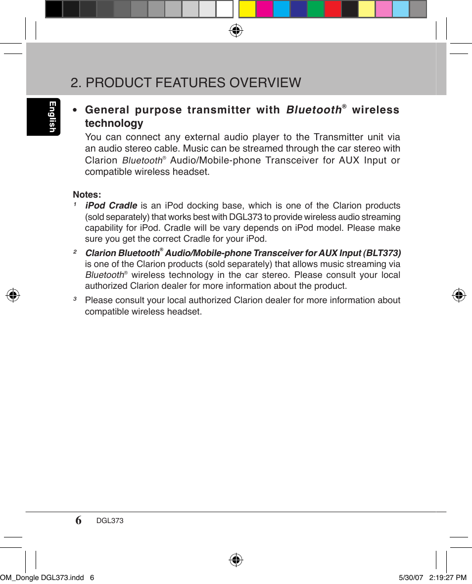 Product features overview, General purpose transmitter with bluetooth, Wireless technology | Clarion DGL373 User Manual | Page 6 / 24