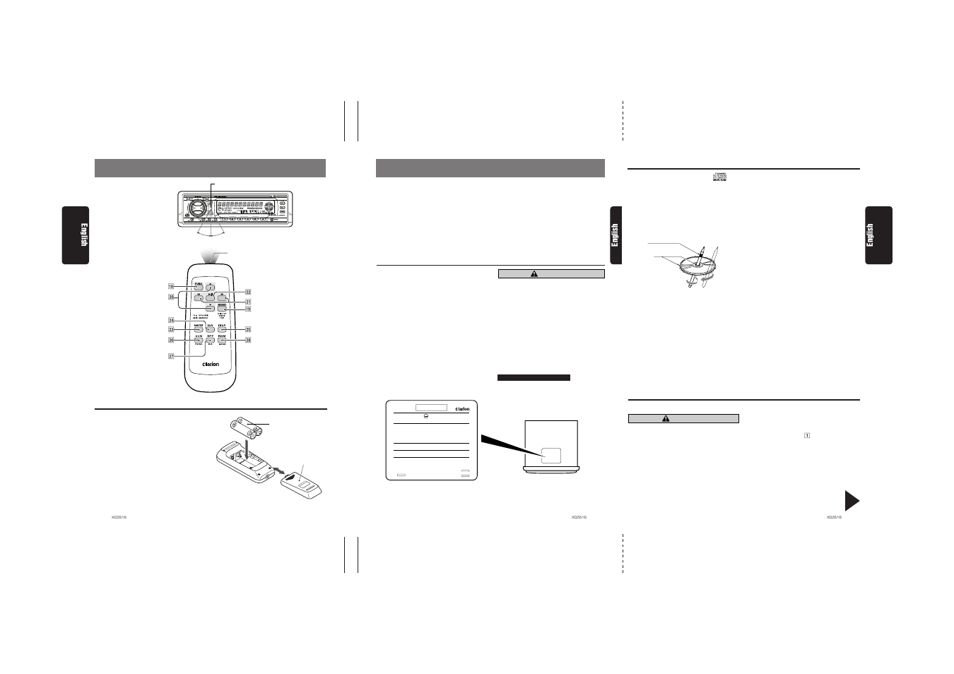 Precautions, Remote control, Handling compact discs | Flip down panel, Inserting the batteries, Remote control unit, English, Caution, Handling, Storage | Clarion XDZ616w User Manual | Page 3 / 28