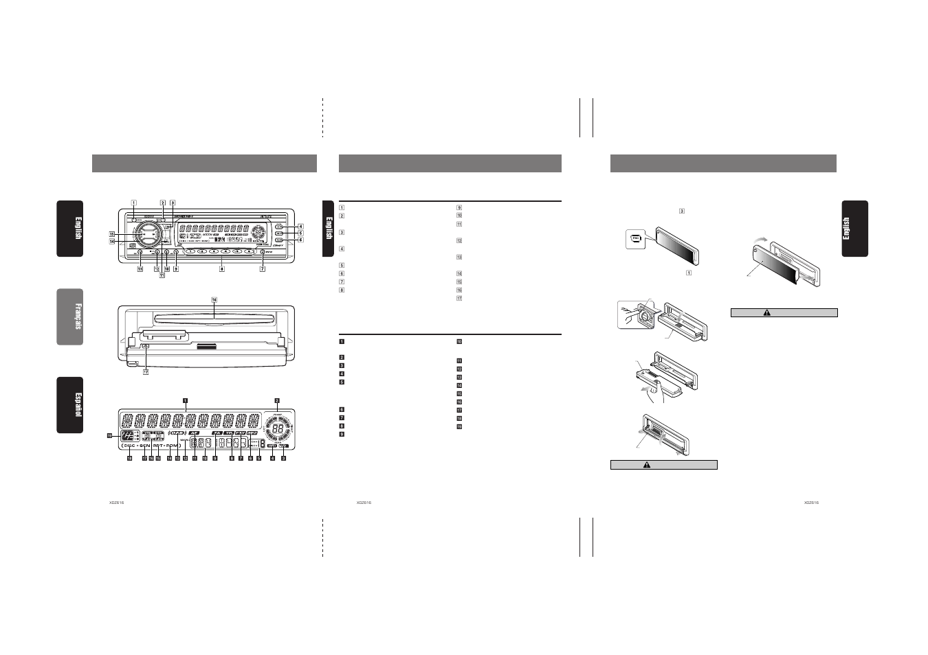 Nomenclature, Controls / les commandes / controles, Names of buttons | Display items, 7english, Caution, English, English français español | Clarion XDZ616w User Manual | Page 4 / 28