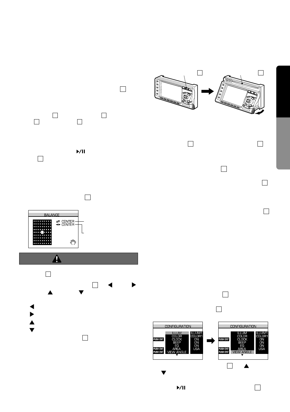 Caution, 15 english, Turning on and off the monitor | Mute, Adjusting the balance, Storing the operation panel angle | Clarion compact disc User Manual | Page 9 / 28