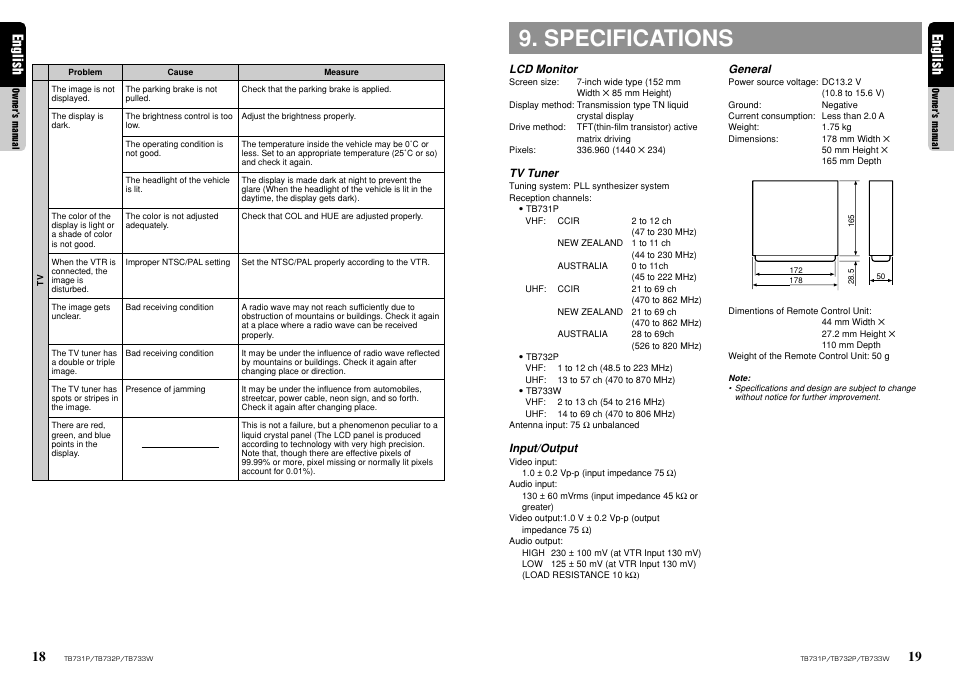 Specifications, English | Clarion TB733W User Manual | Page 11 / 18