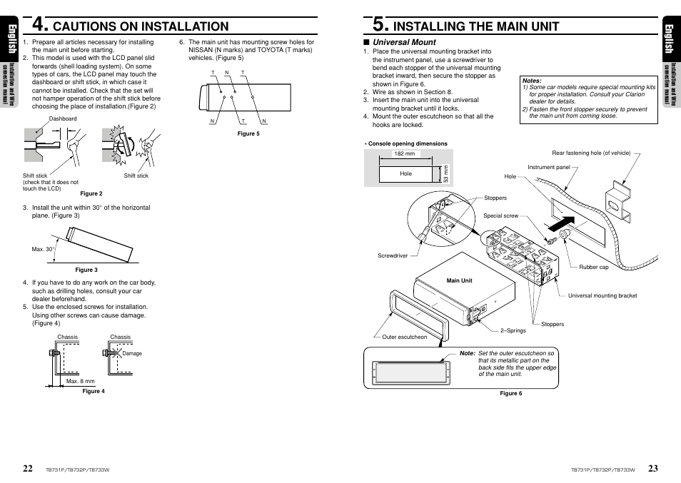 Cautions on installation, Installing the main unit, 23 english | English | Clarion TB733W User Manual | Page 14 / 18