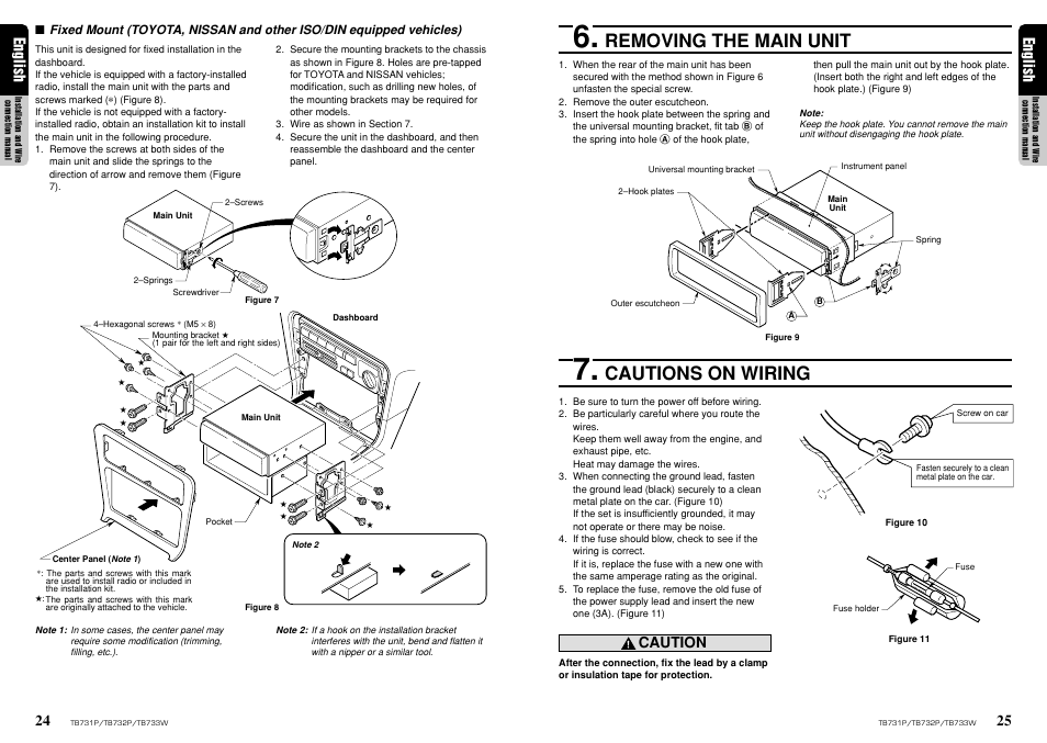 Removing the main unit, Cautions on wiring, 25 english | English, Caution | Clarion TB733W User Manual | Page 15 / 18