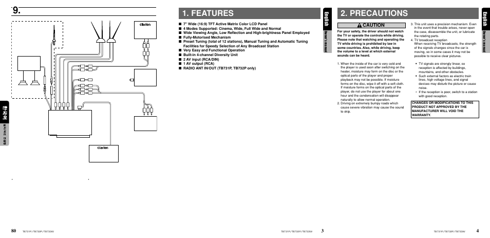 Features, Precautions | Clarion TB733W User Manual | Page 3 / 18