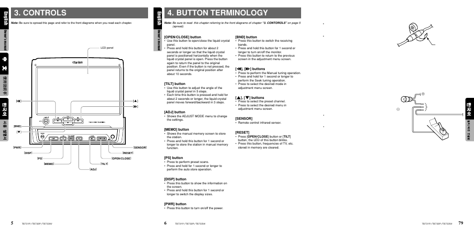 Controls 4. button terminology, English | Clarion TB733W User Manual | Page 4 / 18