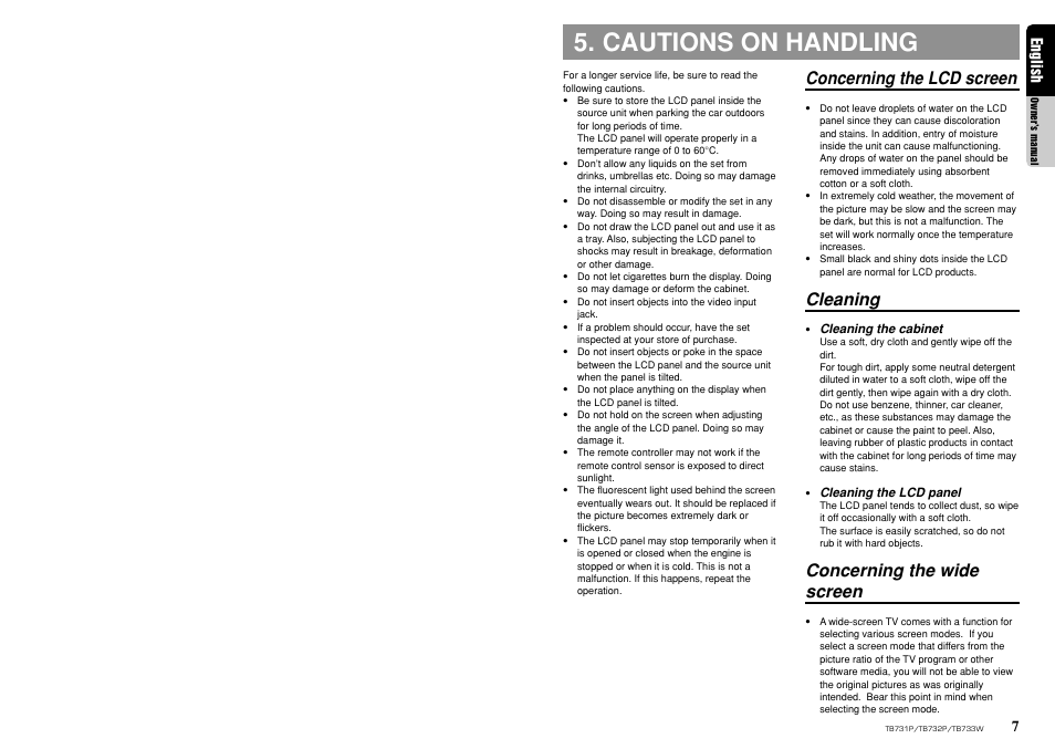 Cautions on handling, Concerning the lcd screen, Cleaning | Concerning the wide screen | Clarion TB733W User Manual | Page 5 / 18