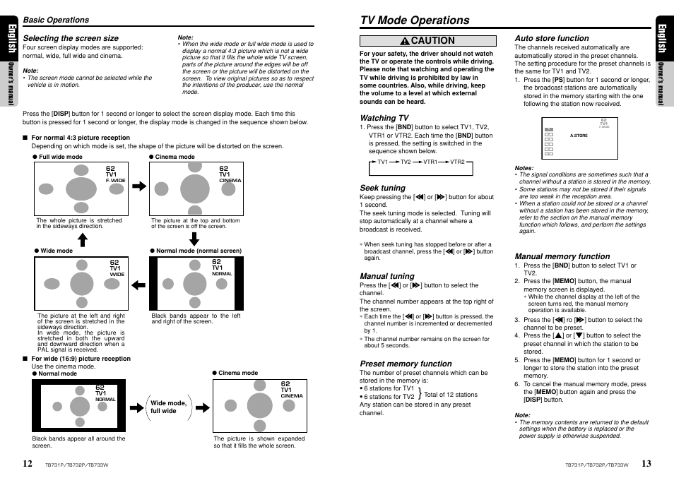 Tv mode operations, English, Caution | Clarion TB733W User Manual | Page 8 / 18
