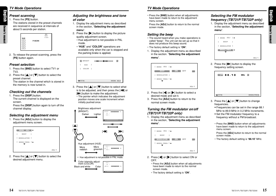 English, Tv mode operations, Preset scanning | Preset selection, Checking out the channels, Selecting the adjustment menu, Adjusting the brightness and tone of color, Setting the beep | Clarion TB733W User Manual | Page 9 / 18
