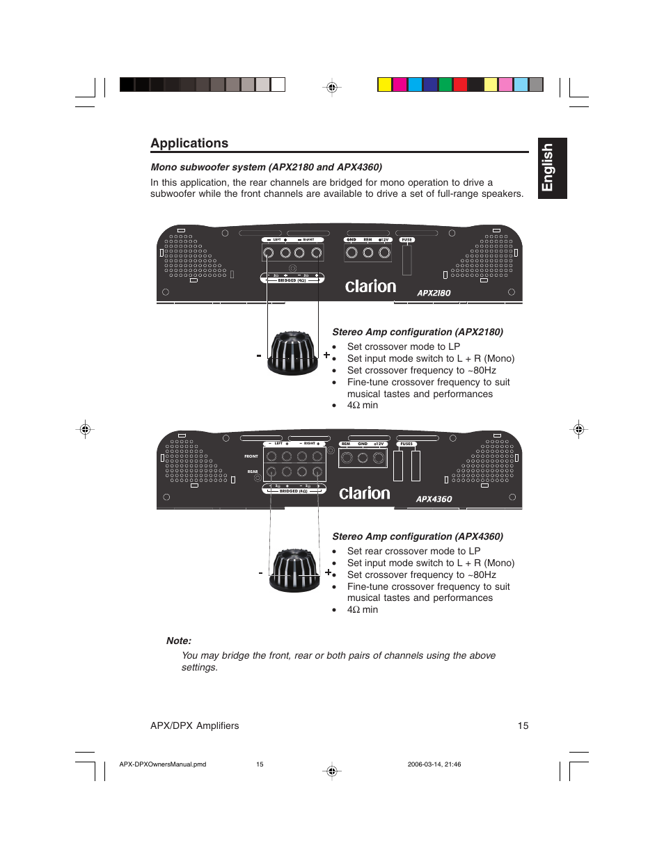 English, Applications, Apx/dpx amplifiers 15 | Clarion DPX11500  EN User Manual | Page 15 / 28