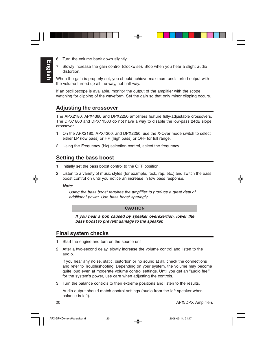 English, Adjusting the crossover, Setting the bass boost | Final system checks | Clarion DPX11500  EN User Manual | Page 20 / 28