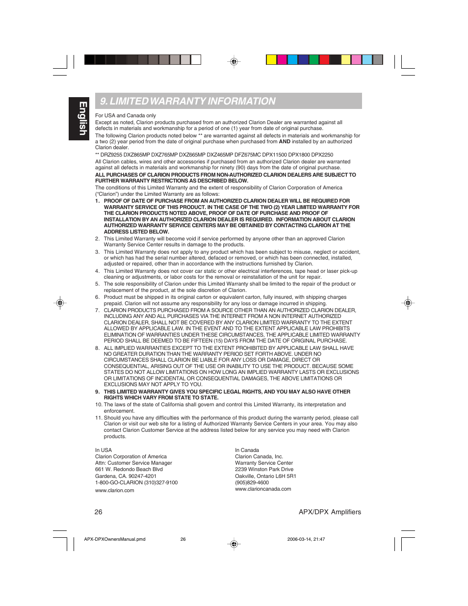 English 9. limited warranty information | Clarion DPX11500  EN User Manual | Page 26 / 28