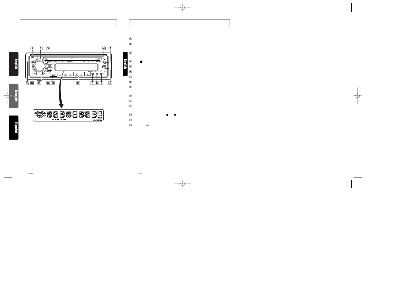 Controls / commandes / controles, Button terminology, English | English français español | Clarion DB315 User Manual | Page 2 / 14