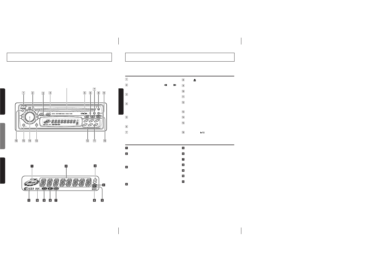 Controls / commandes / controles, Button terminology, Names of buttons | Display items, English, English français español | Clarion DX425 User Manual | Page 2 / 16