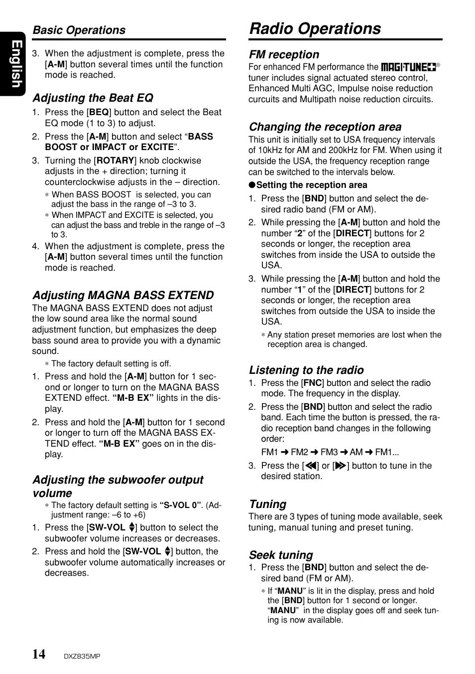 Radio operations, English, Basic operations fm reception | Changing the reception area, Listening to the radio, Tuning, Seek tuning, Adjusting the beat eq, Adjusting magna bass extend, Adjusting the subwoofer output volume | Clarion DXZ835MP User Manual | Page 10 / 96