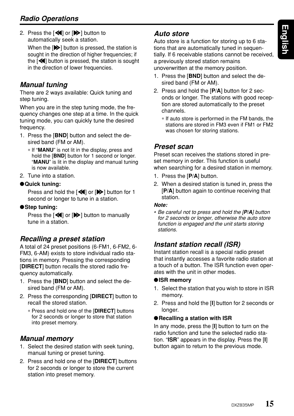 15 english, Radio operations, Manual tuning | Recalling a preset station, Auto store, Preset scan, Instant station recall (isr) | Clarion DXZ835MP User Manual | Page 11 / 96