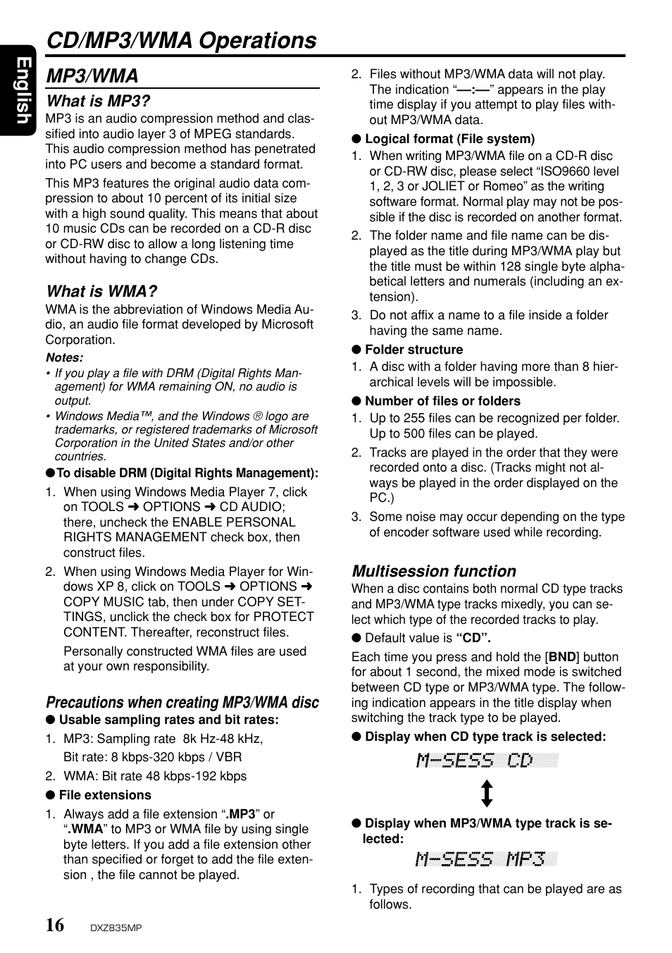 Cd/mp3/wma operations, English, Mp3/wma | Multisession function, What is mp3, What is wma, Precautions when creating mp3/wma disc | Clarion DXZ835MP User Manual | Page 12 / 96