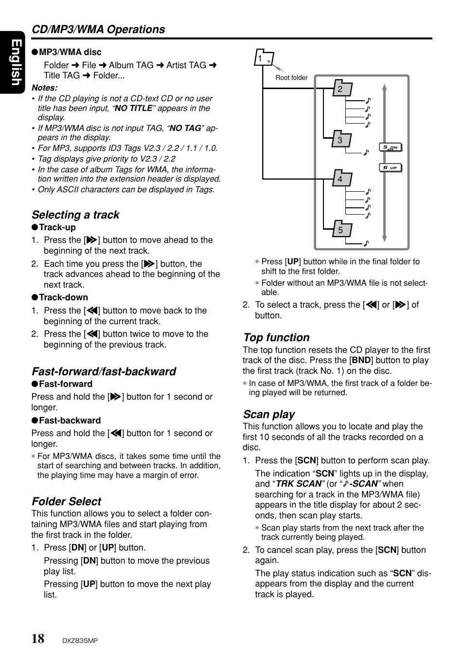 English, Top function, Scan play | Cd/mp3/wma operations, Selecting a track, Fast-forward/fast-backward, Folder select | Clarion DXZ835MP User Manual | Page 14 / 96