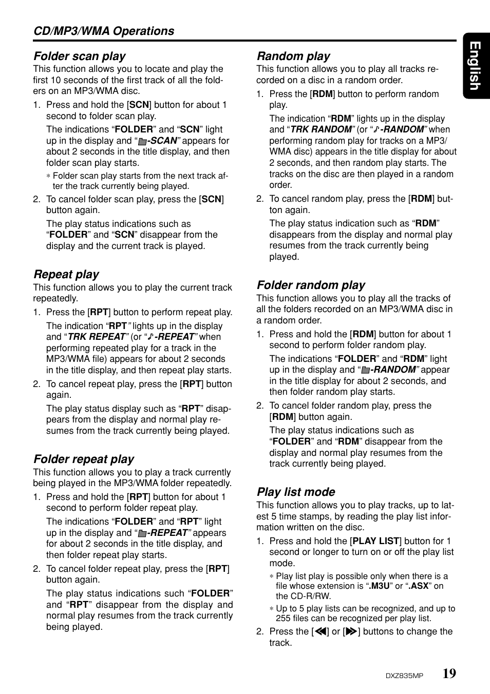 19 english, Folder scan play, Repeat play | Folder repeat play, Random play, Folder random play, Play list mode, Cd/mp3/wma operations | Clarion DXZ835MP User Manual | Page 15 / 96