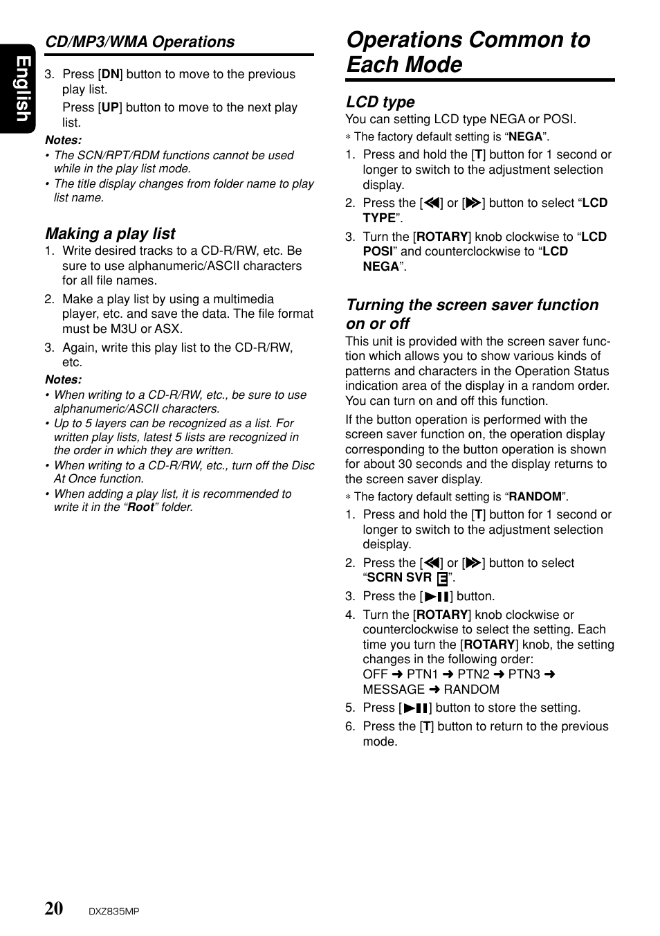 Operations common to each mode, English, Cd/mp3/wma operations lcd type | Turning the screen saver function on or off, Making a play list | Clarion DXZ835MP User Manual | Page 16 / 96