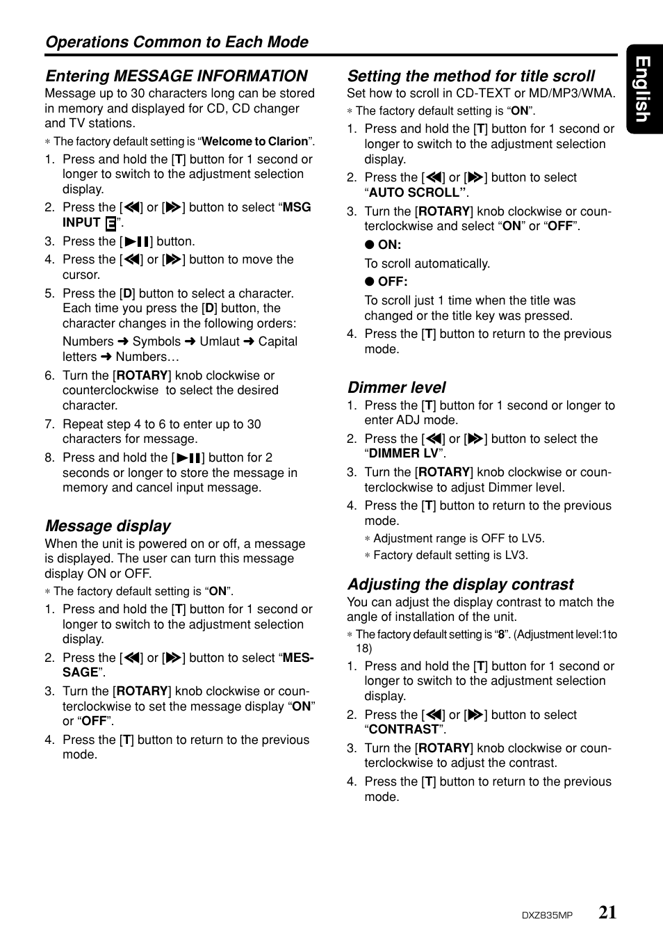 21 english, Entering message information, Message display | Dimmer level, Adjusting the display contrast | Clarion DXZ835MP User Manual | Page 17 / 96