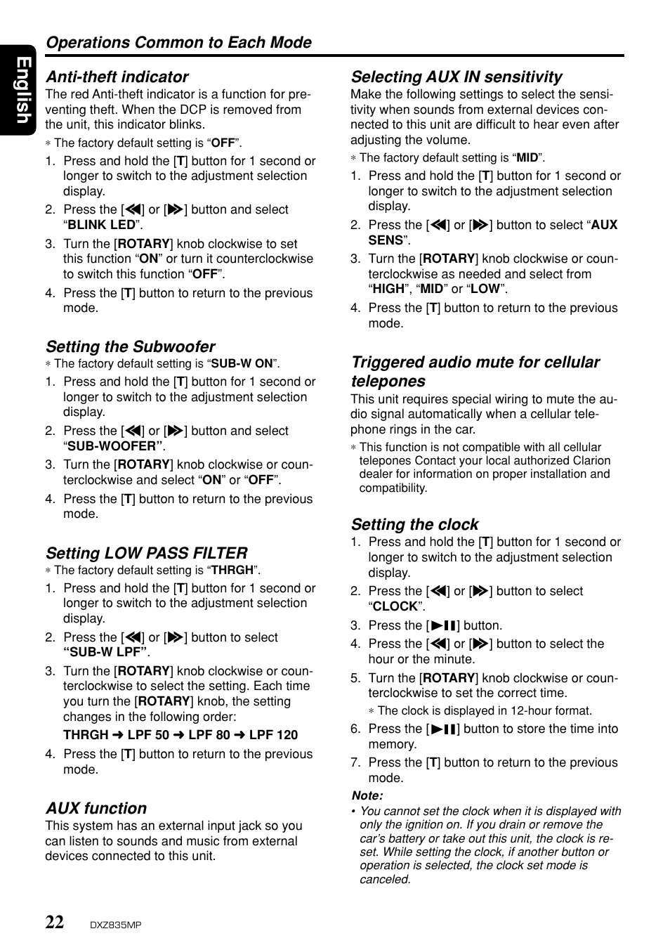 English, Setting the subwoofer, Setting low pass filter | Aux function, Selecting aux in sensitivity, Triggered audio mute for cellular telepones, Setting the clock | Clarion DXZ835MP User Manual | Page 18 / 96