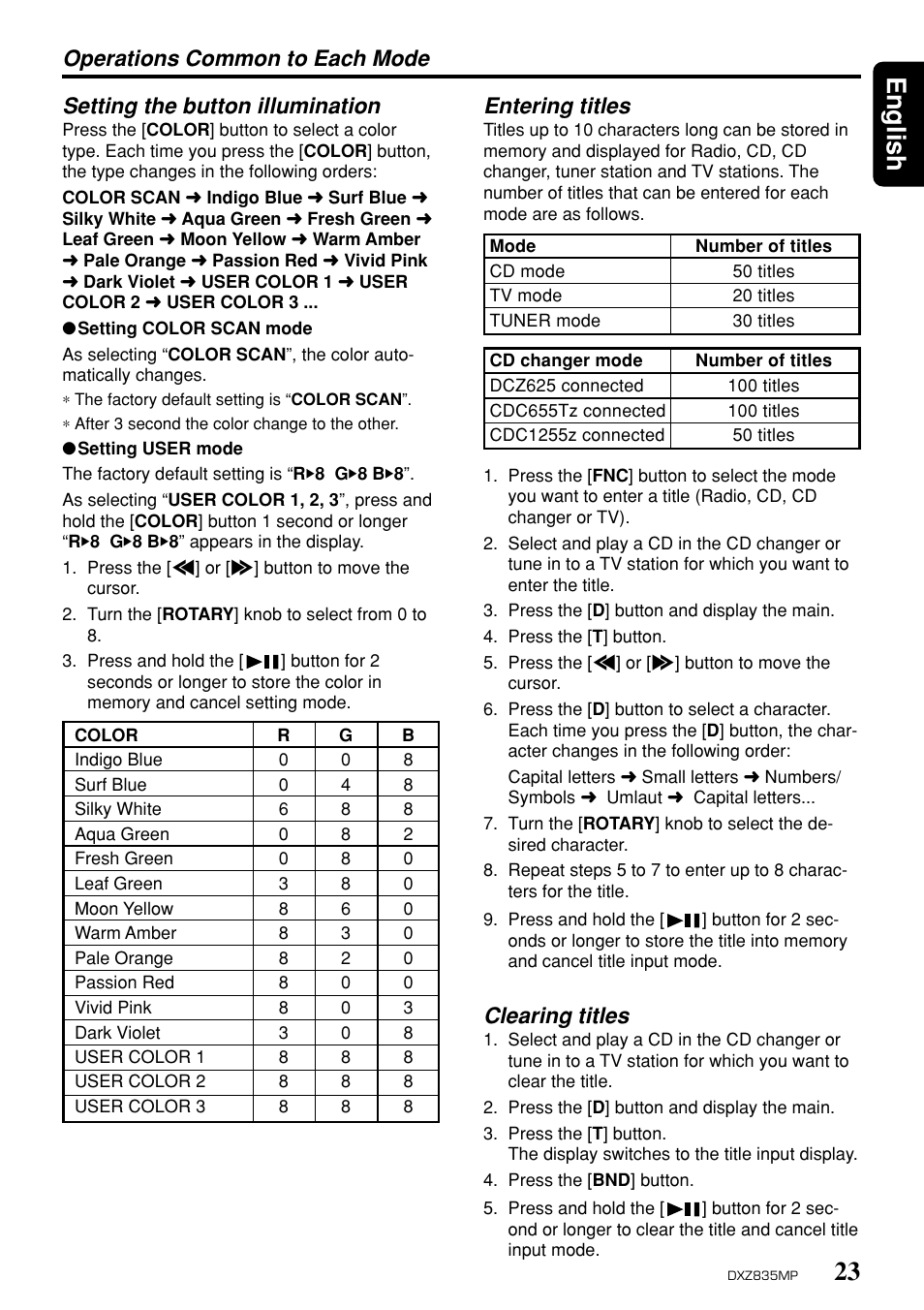 23 english, Clearing titles, Entering titles | Clarion DXZ835MP User Manual | Page 19 / 96